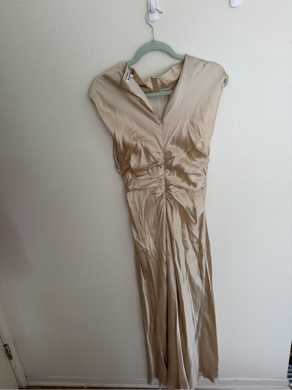 Reformation Gold plunge deck Ruched Satin Maxi Dress